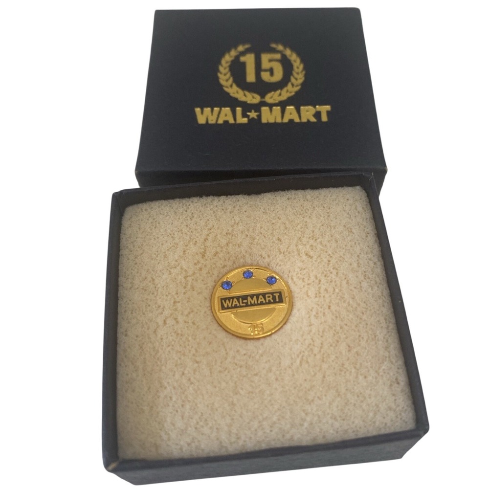 Walmart 15 Year Service Award Pin Unisex OS Gold Blue Rhinestone Vintage Box